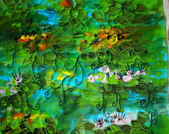 Waterlillies, inspired by Monet, landscape fiber art, mixed media art quilt