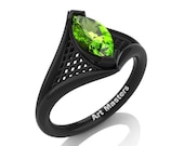 French 14K Black Gold 1.0 Carat Marquise Peridot Lace Solitaire Engagement Ring R428-14KBGP