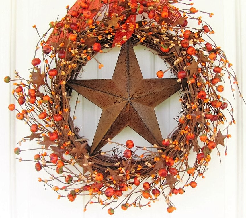 Summer Wreath - Fall Wreath - Pumpkin Wreaths - Pumpkin Rusty Star Berry Wreath -Star Wreaths - Pip Berry Wreath - Halloween