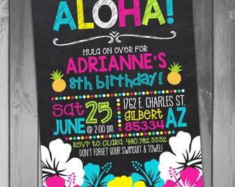 Luau Birthday Invitation Hawaiian Birthday Luau Party Printable Birthday Girl Birthday Swim Party Chalkboard Birthday Printable Luau