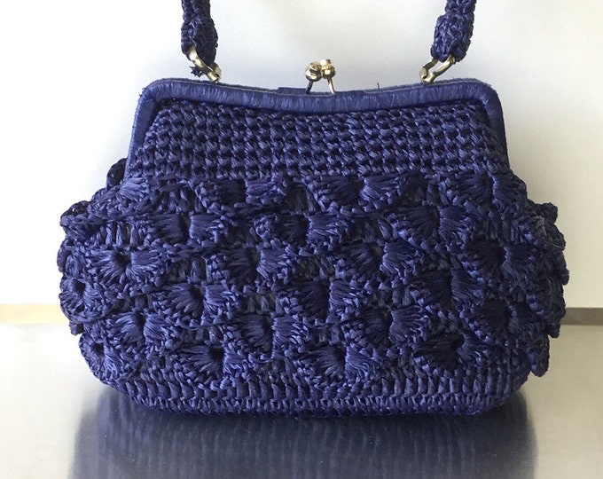 Vintage Navy Blue Woven Handbag, Made in Japan Exclusively for Jordan Marsh. 1960s navy handbag.