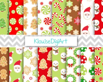 Christmas Cookies Printable Digital Paper in Red and Green, with Christmas characters for Personal and Small Commercial Use (0230)