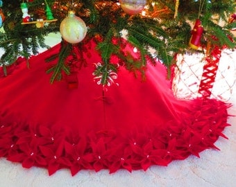 54" Christmas Tree Skirt in a Deep Red Premium felt with Hand cut and sewn flowers. "FREE SHIPPING"