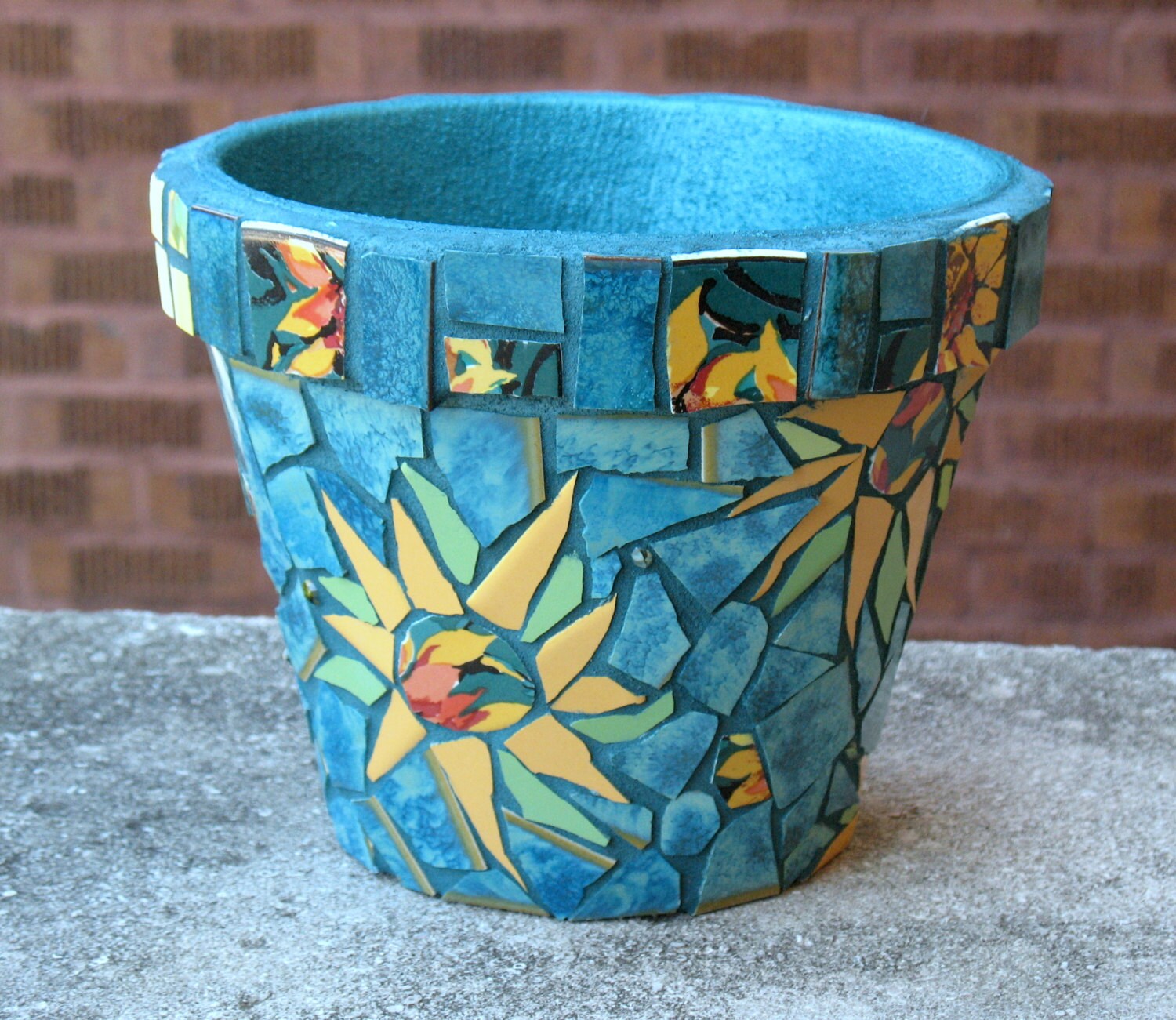 Mosaic Flower Pot Sunflowers Teal large container