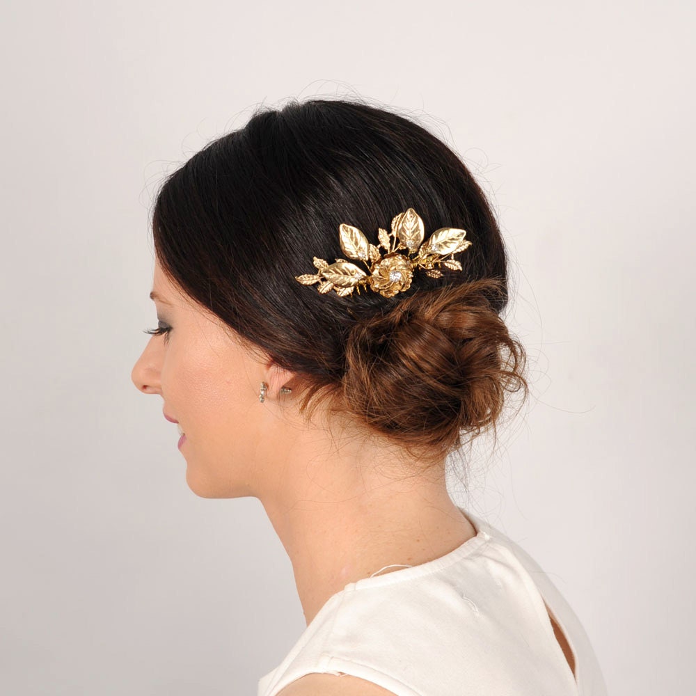Gold Bridal Hair Comb Leaf and Rhinestone Hair Piece Gold