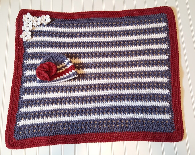 Crochet Pattern- American Flag 4th of July, Vintage Beanie & Blanket Crochet Pattern, easy crochet, baby blanket set, easy blanket pattern