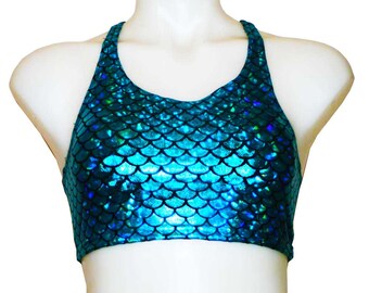 Crop top in Aqua/Blue Mermaid Print Spandex! Great for Festivals, Clubwear, Swimwear, Polewear, Yoga, Rave and dancewear