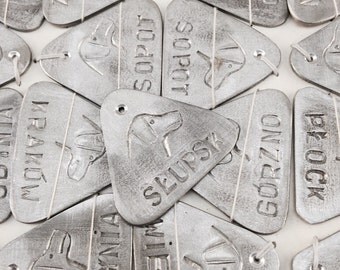 Vintage silver dog tags - K9 dog license tag - military dog tag -aluminum tag - industrial triangle tag - unique jewelry tag pendant vintage