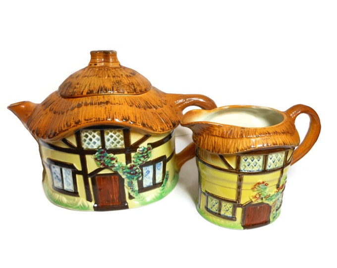 Signed tea set, 1950s early 60s, cottage ware, made in England, thatched cottage teapot and creamer, rare signed copy, designer Devon Cobb