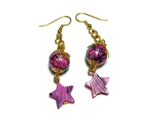 FREE SHIPPING Star earrings, handmade pink mother of pearl stars and pink and green painted glass beads dangle on a gold chain, french hooks