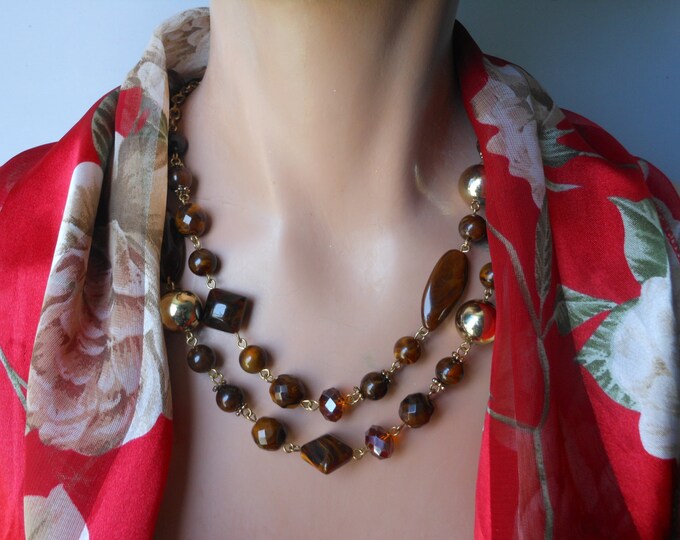 FREE SHIPPING Long brown necklace, brown marbled lucite beads, root beer glass faceted beads, large gold tone acrylic beads, gold tone chain