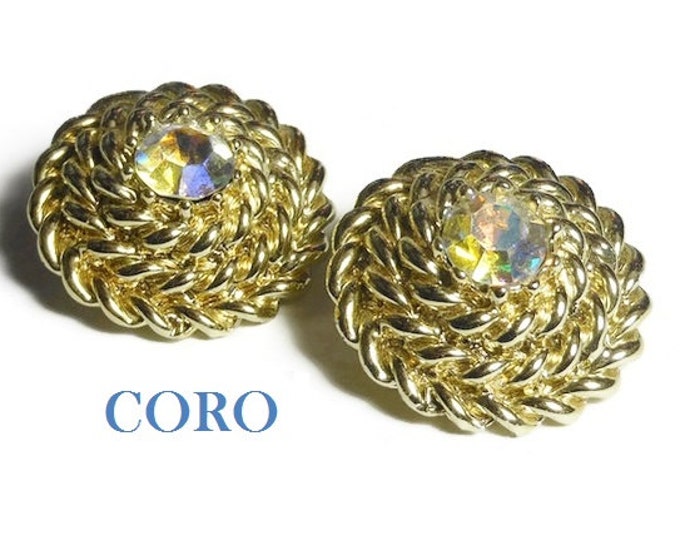 Coro BOOK PIECE earrings, Rhinestone rope clip-on 1950s, 1960s Aurora Borealis AB crystal earrings great for wedding, coiled rope 'Haystack'