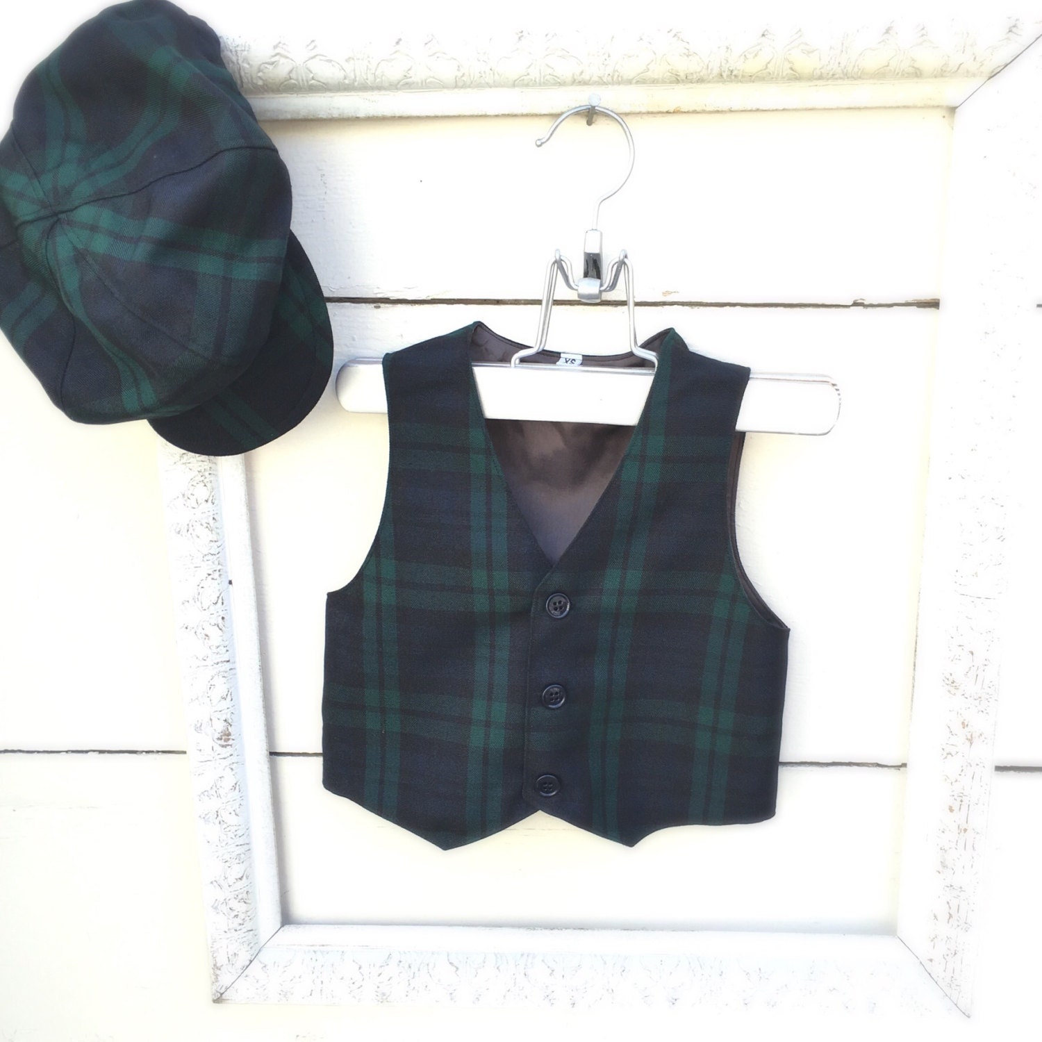 outfit for boys Plaid green boys VEST and HAT vest for boys