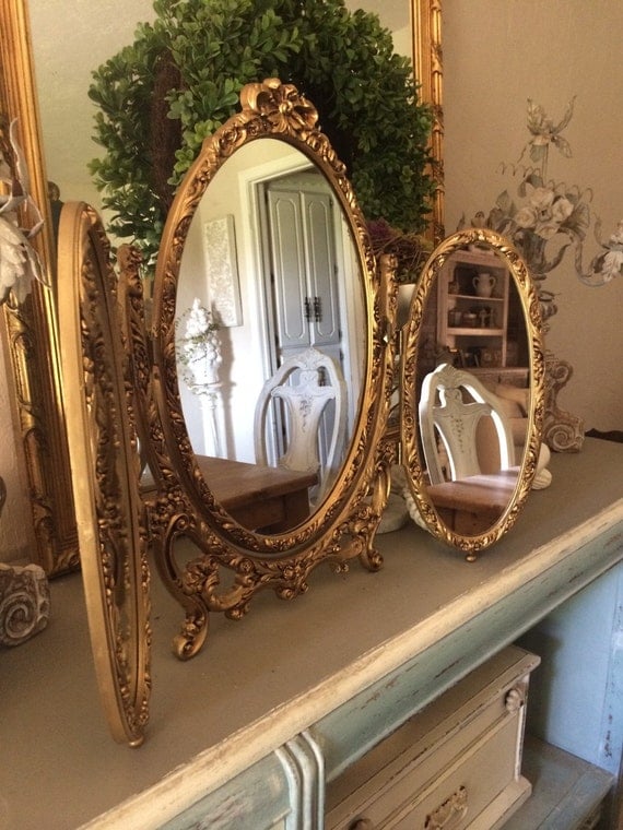 Ornate Syroco Tri Fold Mirror French Provincial Vanity