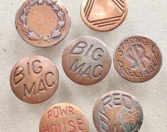destash of vintage eco friendly corroded oxidized copper tone metal rivet buttons from jeans--mixed lot of 7