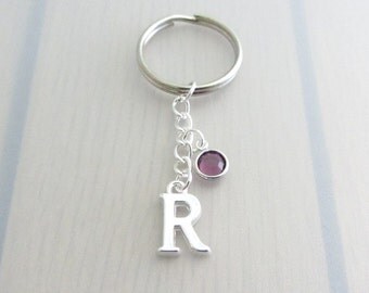 Custom Birthstone Silver Initial Charm Keychain, Letter Keychain, Silver Letter Charm Keyring, Personalised Keychain, Swarovski Crystal