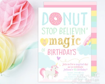 Donut Stop Believin' Unicorn Invitation / Donut Invitation / Unicorn Invitation