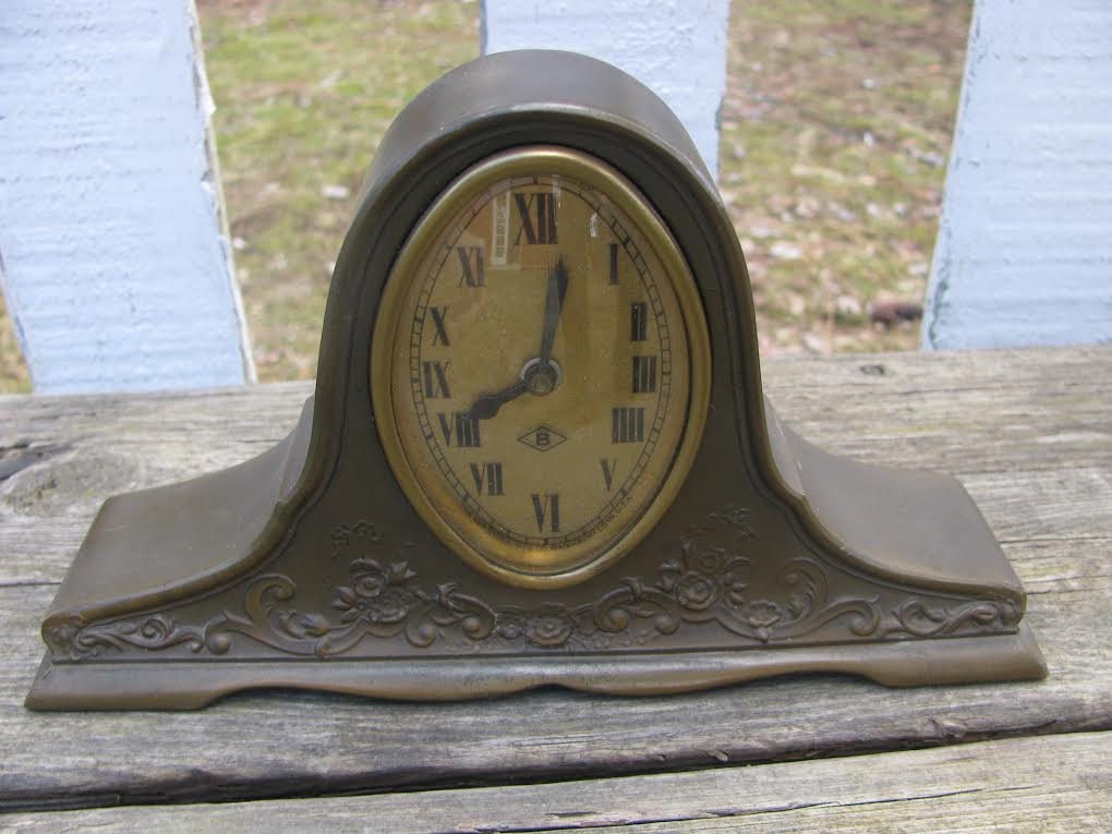 SALE Vintage Table Clock Metal Lux Art Deco Florals Waterbury