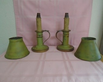 Pair Of Antique Electric Candle Lamps / Hand Painted Roses