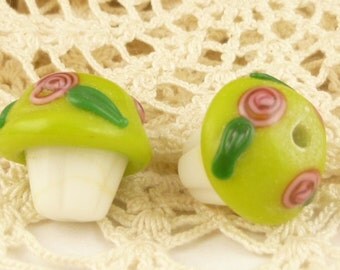 Lime Green Frosted Cupcake Lampwork Glass Beads (2)