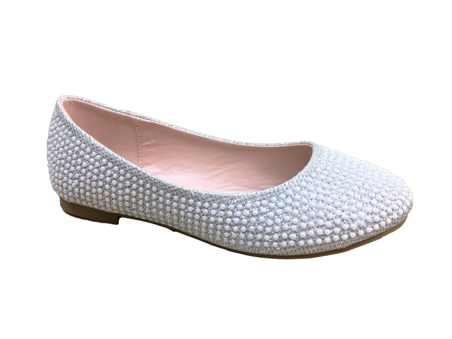 white flats with pearls