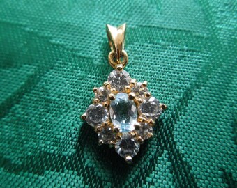 Vintage Pendant, Signed JC, Small, Gold Toned with Pale Blue Stone and Clear Stones, Excellent Condition
