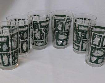 Vintage Federal Glass Americana Drinking Glasses Set of 6 Green Ye Old Tavern Tumblers Water Glasses