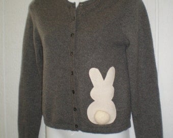 Charcoal grey Cashmere sweater, appliqued cardigan, bunny applique, pin up style sweater, cream bunny, size small