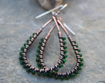 Teardrop Earrings, Sale, Oxidized Copper, Seed Bead Earrings, Emerald, Wire Wrapped Earrings, Green Earrings, Lightweight Earrings, Boho