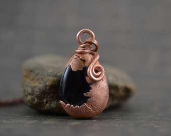 Black Agate Necklace Electroformed Copper Pendant Amulet Natural Stone Necklace Modern Minimalist Mens Jewelry Necklace Rustic Unisex
