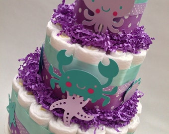 Under the Sea Diaper Cake, Baby Shower Centerpiece, Decoration, New Baby Gift, Diaper Cake for Girl, Mermaid