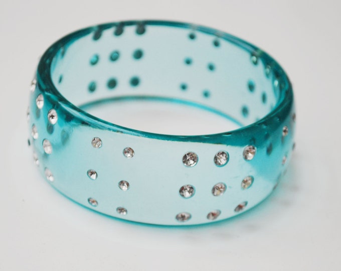 Aqua Lucite Bracelet -clear Rhinestone - blue green translucent vintage plastic Bangle