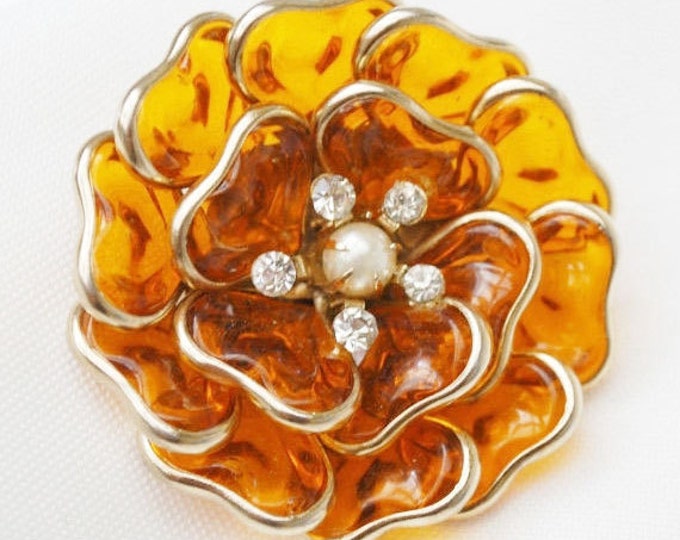 Flower Brooch - Amber Orange Lucite - Rhinestone - Pearl - Floral Pin - Mid Century