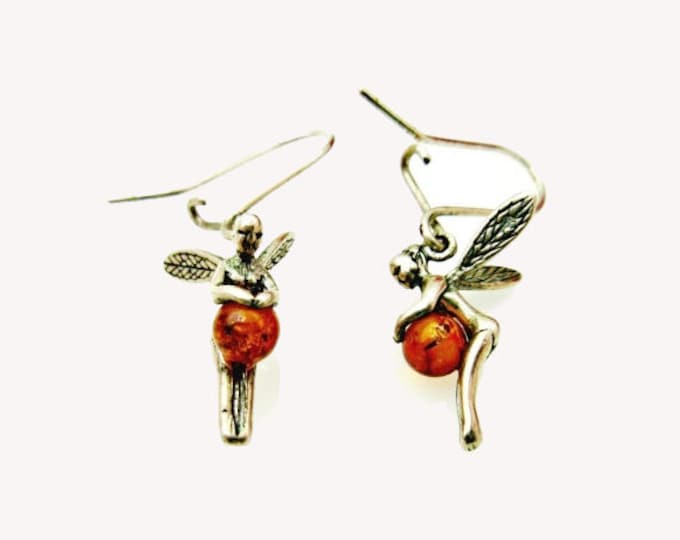 Sterling Amber Fairy earrings dangle pierced hook earrings