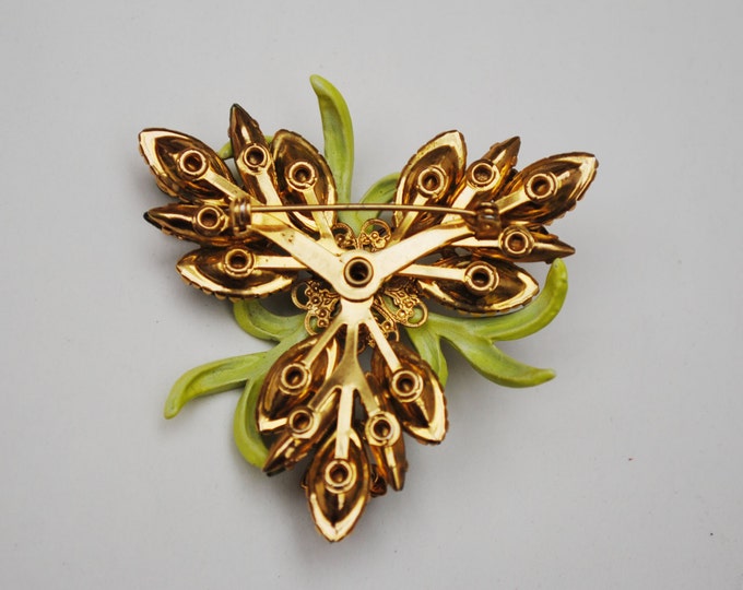 Green Rhinestone Enamel Floral Brooch mid century flower pin