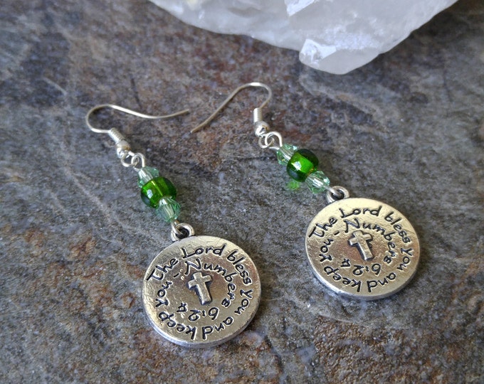 The Lord bless you and keep you Christian handmade earrings Numbers 6:24 Scripture charm Message charm earrings silver with green beads #673