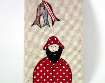 Linen Moleskine Pocket Cahier Notebook / Journal with Removable Freehand Machine Embroidered Fisherman Fabric Cover