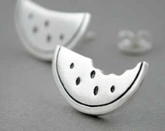 Silver watermelon earrings, silver fruit jewelry, flashy earrings, happy earrings, Fruit earrings