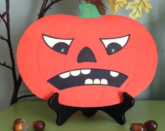 Vintage Halloween Jack O Lantern Die Cut Holiday HE Luhrs Scowling Mad Pumpkin Head Old 1950s Beistle Halloween Display Autumn Fall Decor