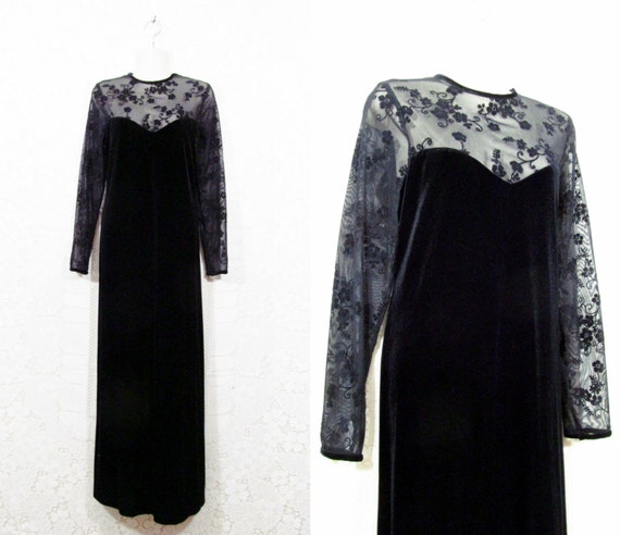 Vtg 90s Black Velvet + Sheer Lace Gothic Elegant Evening Dress sz 12 by SirenCallVintage steampunk buy now online