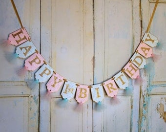 Happy 1st Birthday Banner, Embossed Aqua Pink and Gold Banner with Tulle, Girls First Birthday Banner, Pink Gold Birthday Decorations