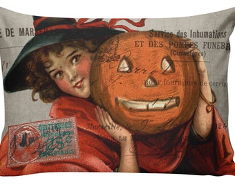 Halloween Pillow, Halloween Decor, Vintage Cat, Creepy, Burlap Cotton Throw Pillow Cover, INSERT INCLUDED, 12x18, #HA0234