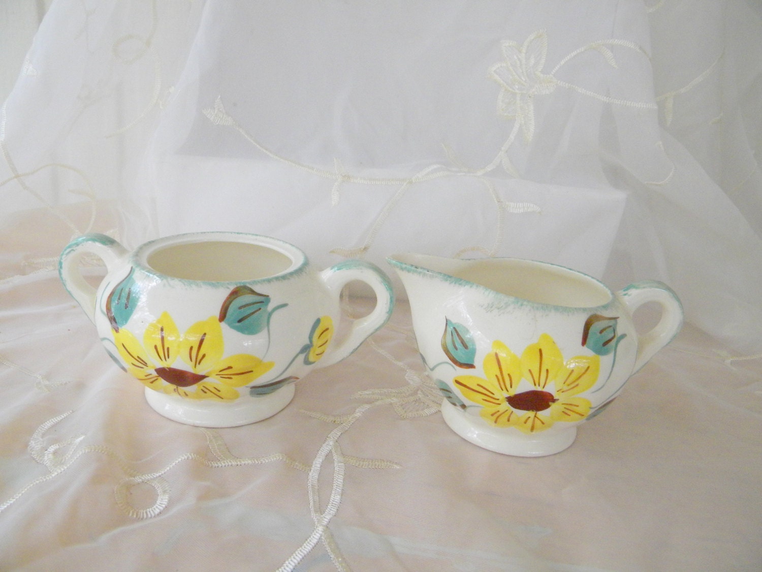 Sunflower Sugar Bowl and Creamer Set, Vintage Items, Yellow, Brown ...