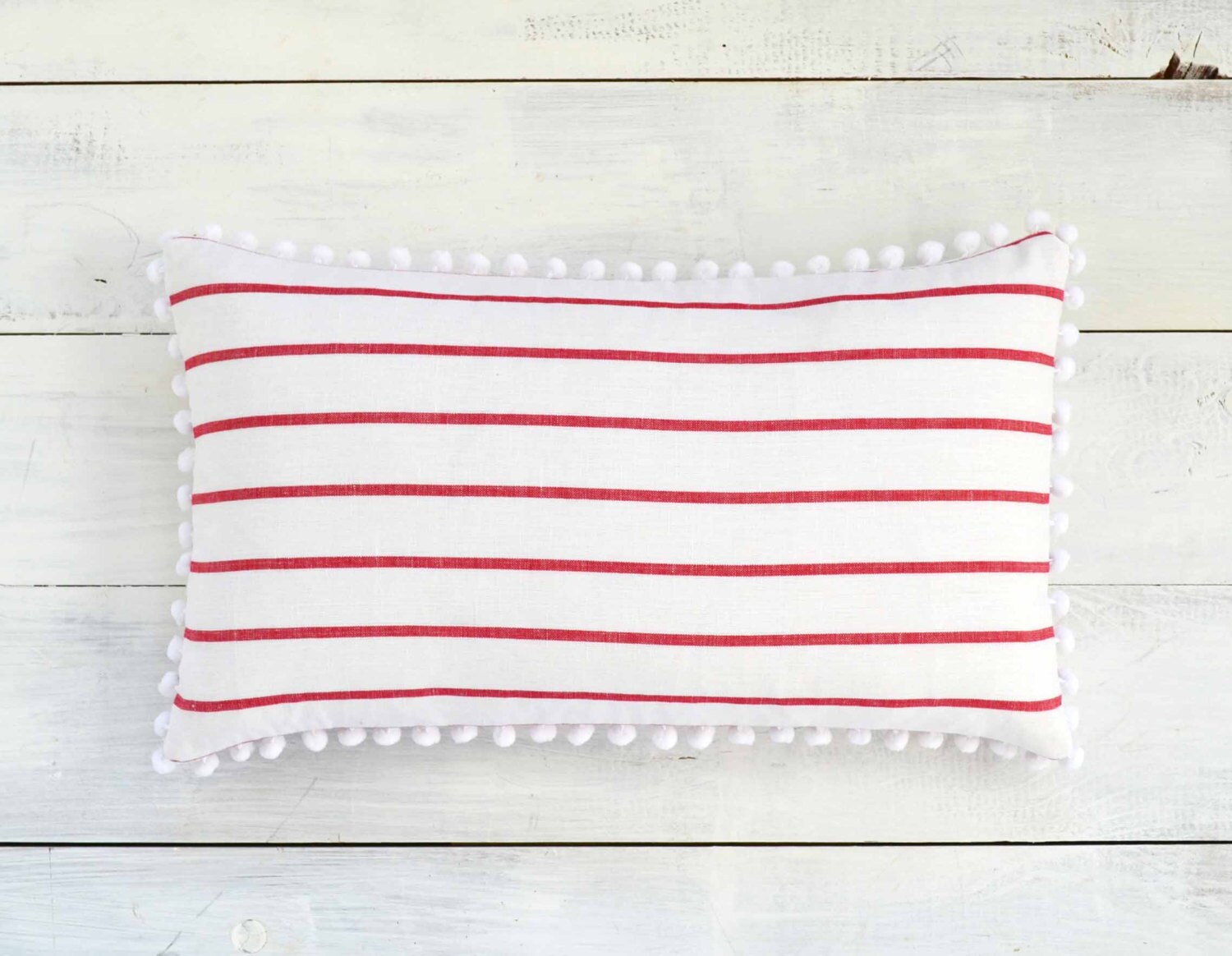 Red Stripes and White Pom Pom Lumbar Pillow Cover 12 x