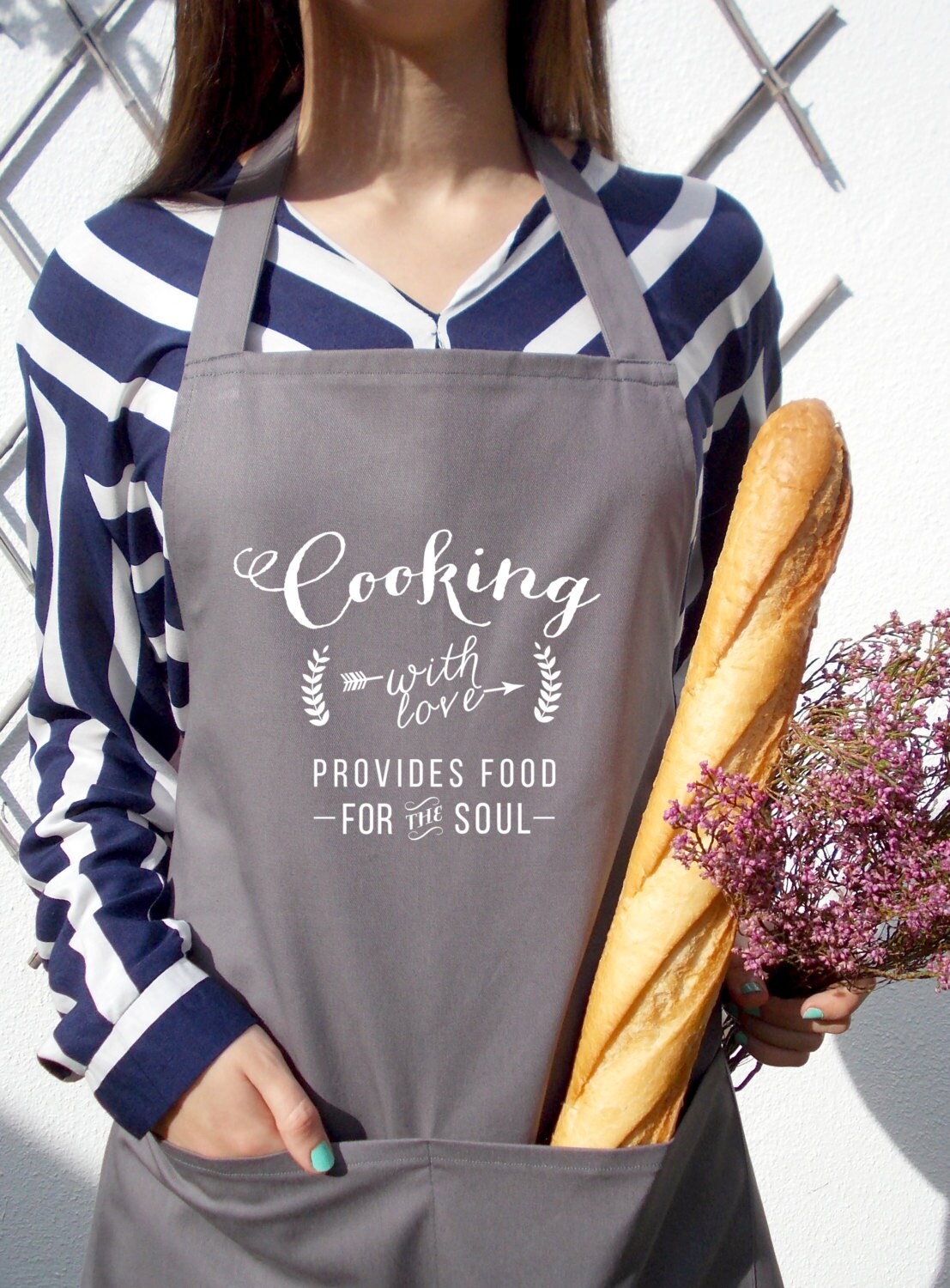 Gray kitchen cooking apron Cooking with love provides food