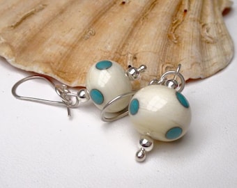 lampwork earrings, ivory and turquoise polka dots.