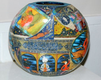 HAND CRAFTED Decoupage - Eastern Astrology - Wooden Ornamental Vase - Unusual - Unique