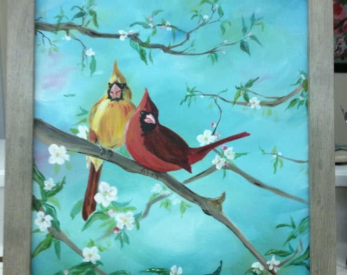 Cardinal Mates Among the Cherry Blossoms - Acrylic Painting on Canvas