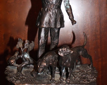 Pierre-Jules Mêne Animaliere Antique 19c French Bronze English Fox Hunter and Two Hounds With Fox Hunting Horn Bronze Fine Art Sculpture