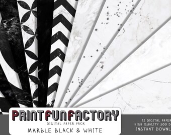 Marble digital paper - White marble black marble background paper - 12 digital papers (#201) INSTANT DOWNLOAD